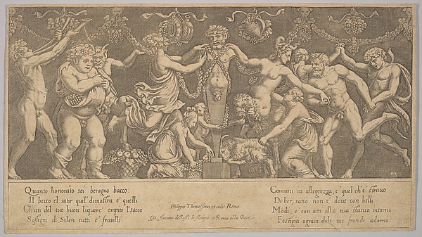 The sacrifice to Priapus who is in the form of a statue in the centre,  Bacchus and a satyr at the left