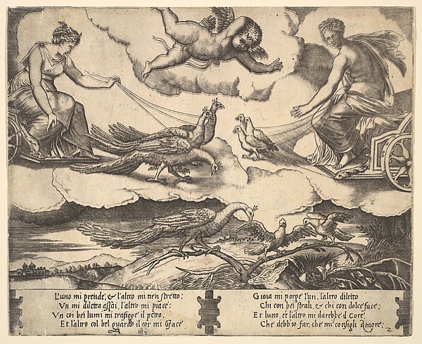 Allegory of Marriage and Love; Juno in a chariot drawn by peacocks at left, Venus in a chariot drawn by three doves at the right