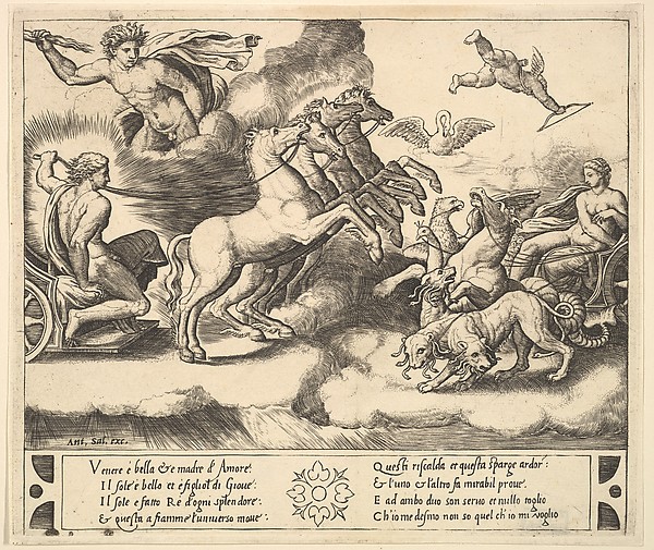 Apollo in his horse-drawn chariot at the left, above him above Jupiter hurls a thunderbolt, Venus at right in her chariot drawn by animals, from "Story of Apollo and Daphne"