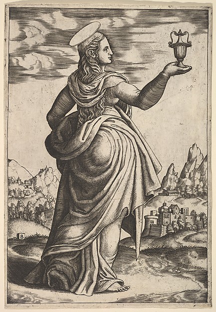 The Magdalene standing facing right, jar held in her raised right hand