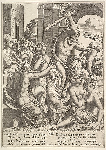 Envy or Avarice at the right being driven from the temple of the Muses by Hercules who raises a club, the muses watching from the left