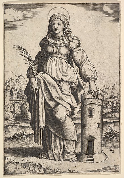 Saint Barbara standing, palm in her right hand, resting her left hand on a tower