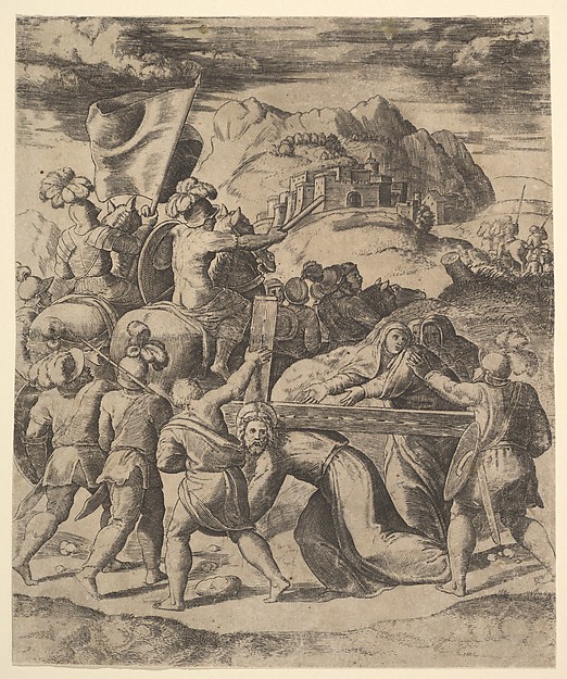 Christ carrying the cross surrounded by soldiers, several on horseback by Master of the Die