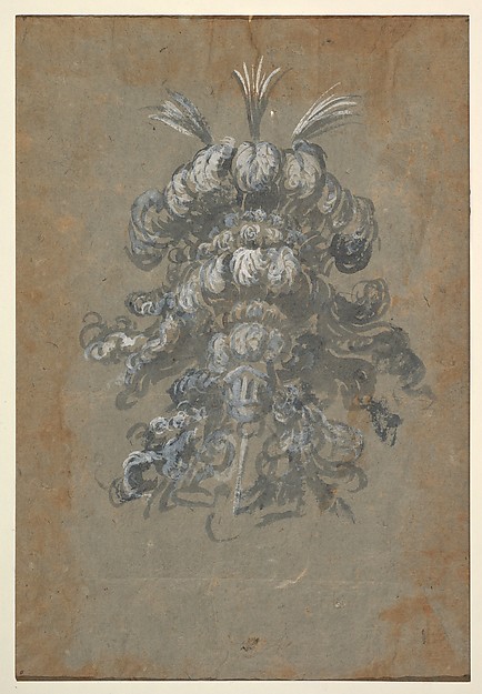 Design for a Lavish Headdress with Feathers on a Helmet (frontal view)