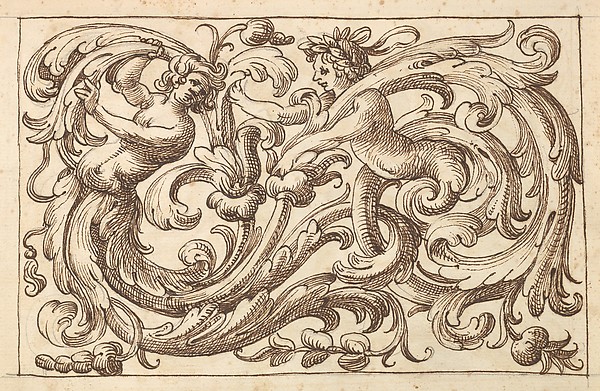 Horizontal Panel Design with Two Young Male Figures Interspersed between Acanthus Rinceaux