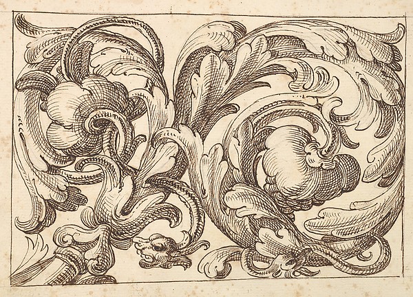Horizontal Panel Design Filled with a Meandering Acanthus Rinceau and Two Fantastical Creatures.