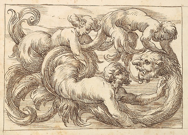 Horizontal Panel Design with a Three Figures and a Fantastical Creature Interspersed between Acanthus Rinceaux