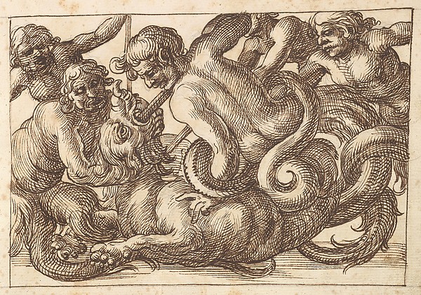 Horizontal Panel Design with Five Male Figures Fighting a Dragon