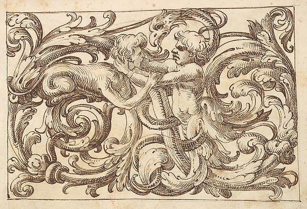 Horizontal Panel Design with a Man fighting a Sphinx and a Fantastical Creature Interspersed between Acanthus Rinceaux