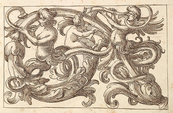 Horizontal Panel Design with Two Male Figures and a Putto Interspersed between  Acanthus Rinceaux