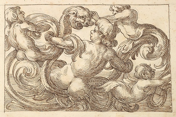 Horizontal Panel Design with Four Hybrid Male Figures and a Fantastical Creature Interspersed between Acanthus Rinceaux