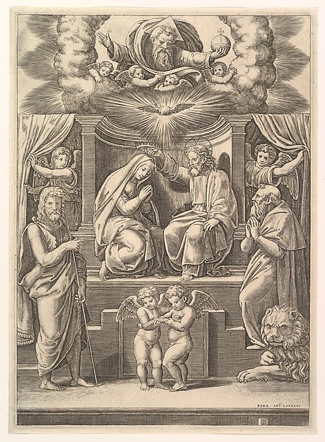 The coronation of the Virgin, God the Father above, St Jerome lower right and St John the Baptist lower left
