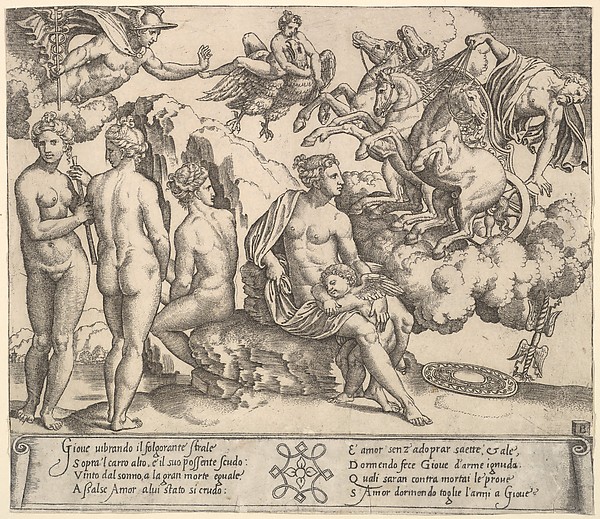 Jupiter tumbling from a horse-drawn carriage at right, Ganymede riding Jupiter's eagle upper center, below Venus and to her right, the three Graces