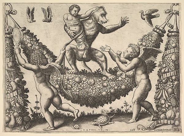 A monkey holding a bound putto standing on a garland in front of which are two winged putti, from a series of tapestries made for Leo X
