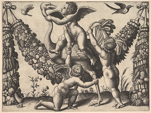 Three putti before a large garland, the one in the middle rides an ostrich, from a series of tapestries made for Leo X
