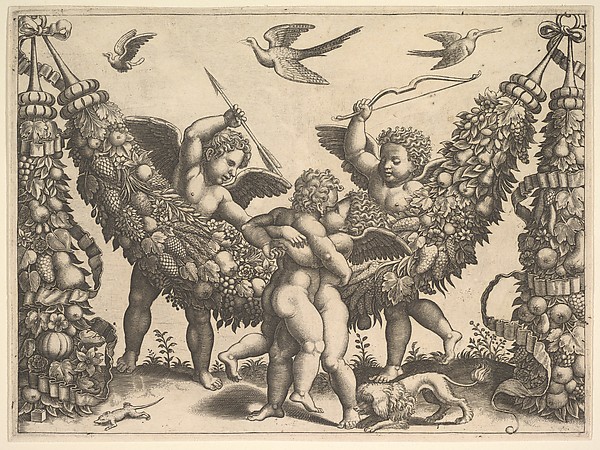 Four putti, two embracing in front of a large garland, two behind, the one at left holding an arrow, the one at right a bow, from a series of tapestries made for Leo X