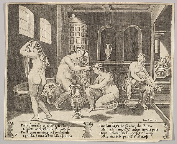 Plate 7: Psyche attended in her bath by nymphs, in the background right Psyche represented again laying in bed, from "The Fable of Cupid and Psyche"