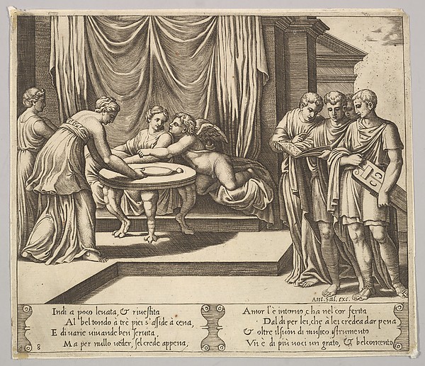 Plate 8: Psyche seated at a table and attended by invisible servants, Eros beside the goddess, from "The Fable of Cupid and Psyche"