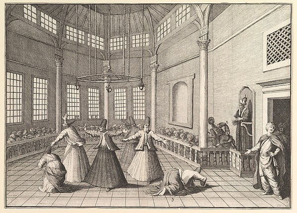 The Inside of a Mosque, the Dervishes Dancing  (Aubry de La Mottraye's "Travels throughout Europe, Asia and into Part of Africa...,"  London, 1724, vol. I, pl. 16)