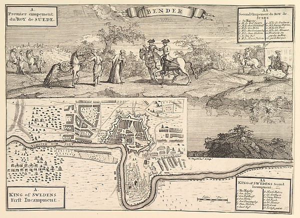 Charles XII at Bender (Aubry de La Mottraye's "Travels throughout Europe, Asia and into Part of Africa...,"  London, 1724, vol. II, pl. 30)