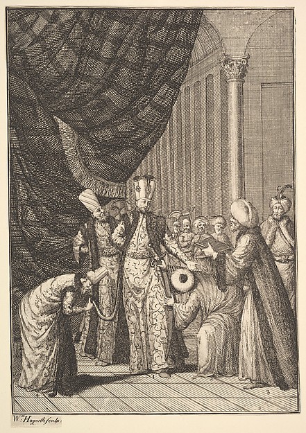 Sultan Ahmed III Crowned in the Mosque at Eyups (Aubry de La Mottraye's "Travels throughout Europe, Asia and into Part of Africa...,"  London, 1724, vol. I, pl. 17B)