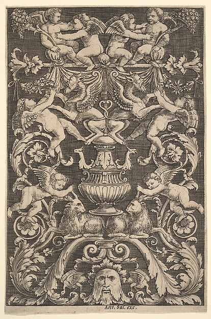 A panel of ornament with putti, goat and other figures