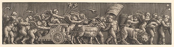 A frieze arrangement depcting the Triumph of Love; Cupid in a Chariot led by goats, many other putti filling the composition