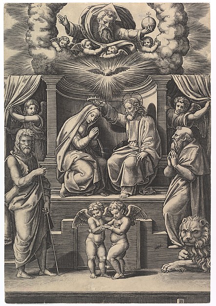 The Coronation of the Virgin, at lower left stands St John the Baptist, at lower right St Jerome, God the father above by Master of the Die