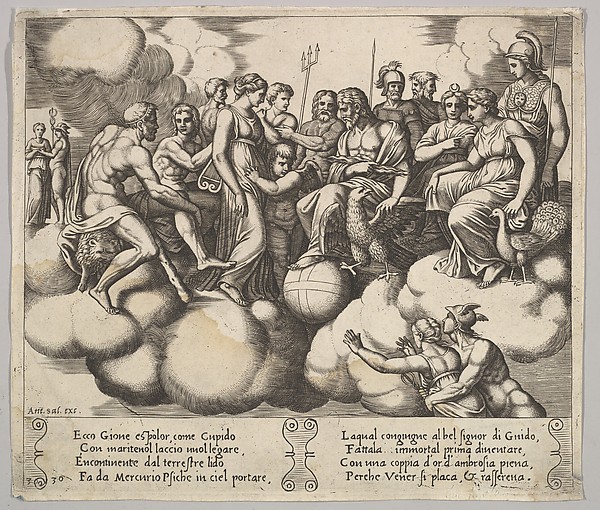Plate 30: Venus and Cupid pleading their case in the presence of Jupiter and other Gods, from "The Fable of Cupid and Psyche"