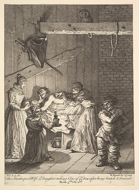 The Innkeeper's Wife & Daughter taking Care of ye Don after being beaten & bruised (Six Illustrations for Don Quixote)
