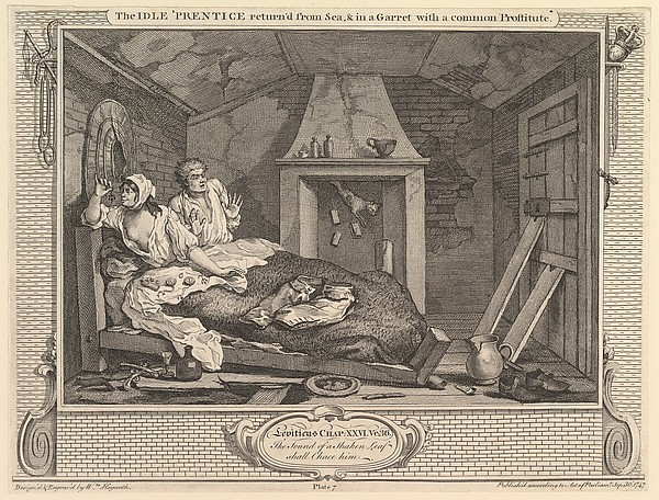The Idle 'Prentice Returned from Sea and in a Garret with a Common Prostitute: Industry and Idleness, plate 7