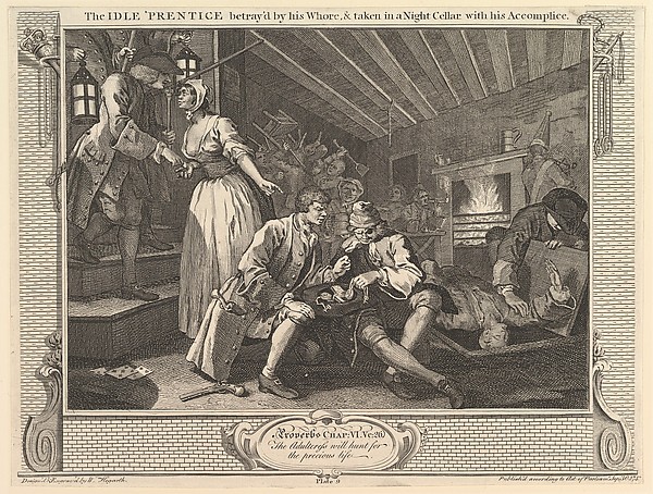 The Idle 'Prentice Betrayed by his Whore and Taken into a Night Cellar with his Accomplice: Industry and Idleness, plate 9