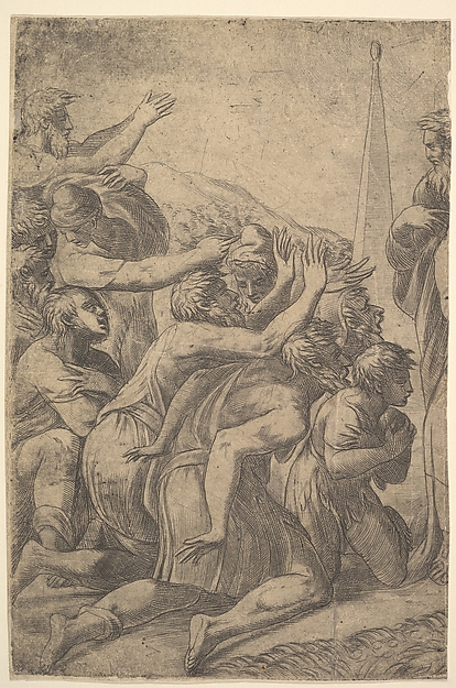 Christ standing at the right healing the lepers before him (left section of the print) by Andrea Schiavone (Andrea Meldola)