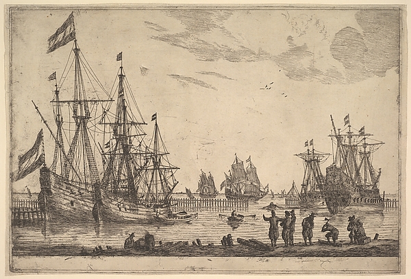 Reinier Nooms, Four Sailing Vessels near a Breakwater, 17th century