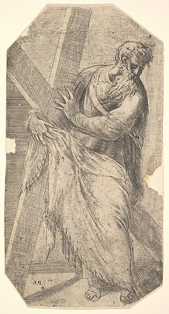 Saint Andrew holding a large cross, from "Christ and the Apostles" by Andrea Schiavone (Andrea Meldola)
