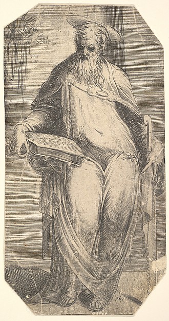 Saint Simon standing, supporting a book on his right thigh, from "Christ and the Apostles" by Andrea Schiavone (Andrea Meldola)