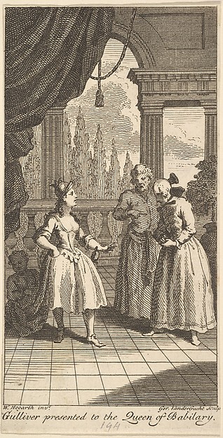 Gulliver Presented to the Queen of Babilary, Frontispiece to "The Travels of Mr. John Gulliver"