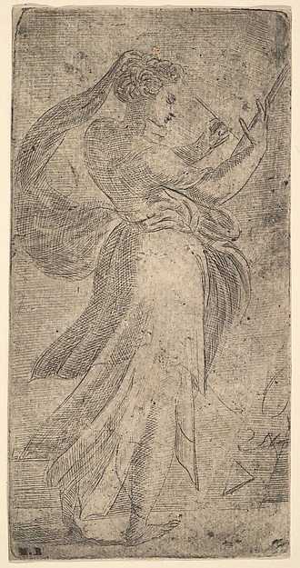 A woman standing in profile, facing right and writing on a tablet