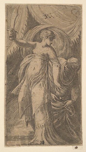 Judith with her sword raised in her right hand and placing the head of Holofernes in the sack with her left