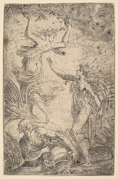 Apollo at right holding a bow chasing Daphne at the left