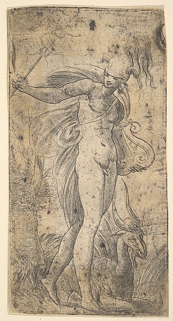 Mercury standing holding a cadecus in his right hand, a lyre in his left