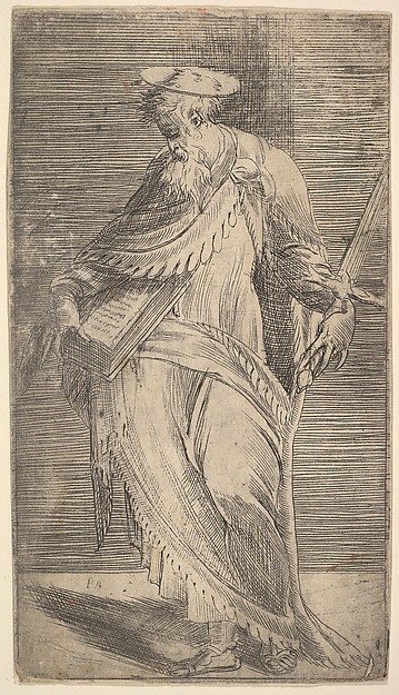 Saint Paul holding a sword and book,  from "Christ and the Apostles" by Andrea Schiavone (Andrea Meldola)