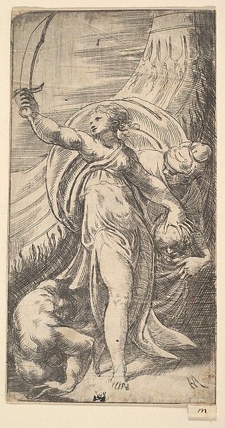 Judith her sword raised in her right hand, placing the head of Holofernes in the sack with her left