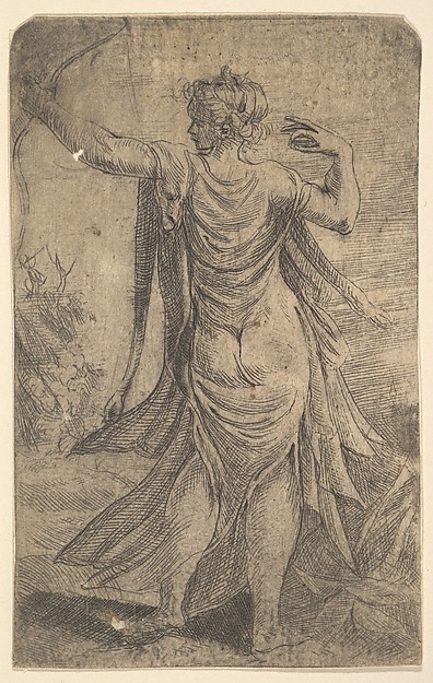 Diana firing her bow viewed from behind