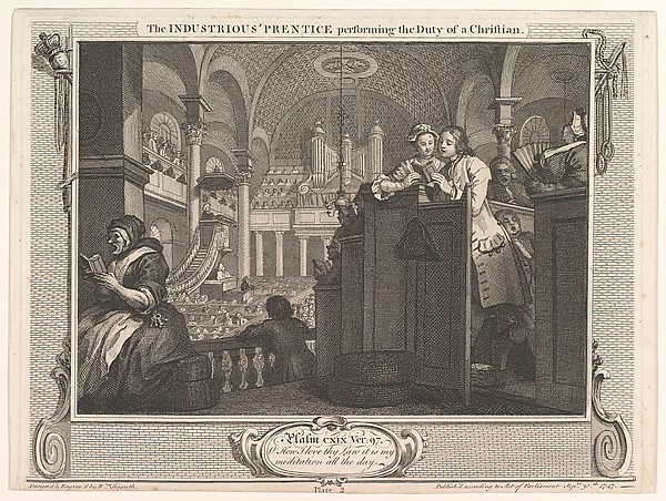 The Industrious 'Prentice Performing the Duty of a Christian (Industry and Idleness, plate 2)