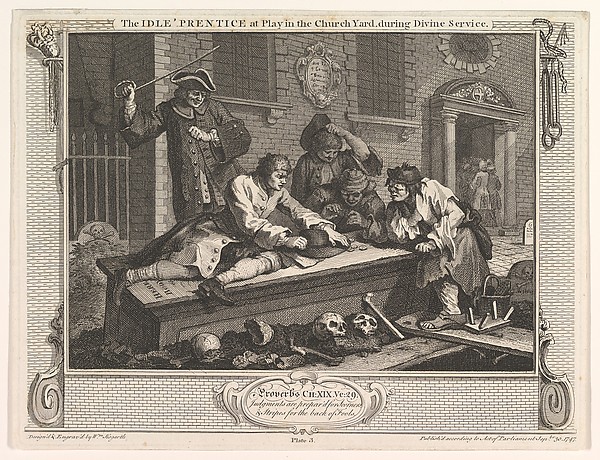 The Idle 'Prentice at Play in the Church Yard (Industry and Idleness, plate 3)