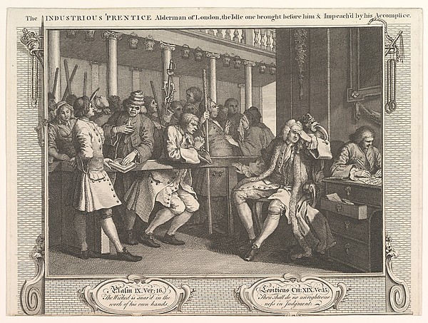 The Industrious 'Prentice Alderman of London, The Idle One Brought Before Him and Impeached by his Accomplices (Industry and Idleness, plate 10)