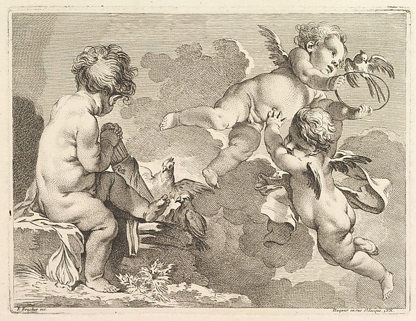 Three Loves, one of which is seated, holding a quiver