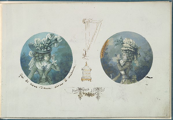 Two Costume Designs or Portrait Studies. Woman with a Bird and a Woman with Binoculars