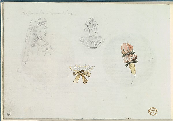 Four Costume Design Sketches of a Woman, a Basket, a Collar, and a Sleeve